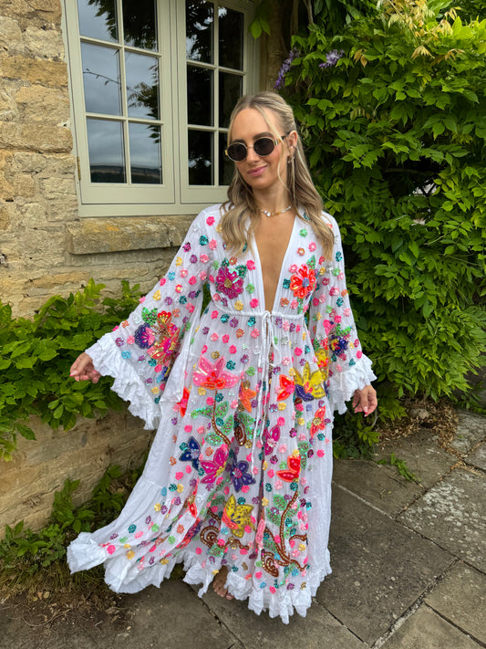 Gypsy Soul Maxi Kimono Ruffle Jacket in White