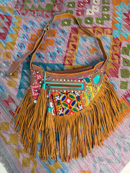 Boho Tan Saddle Fringe Bag -  3