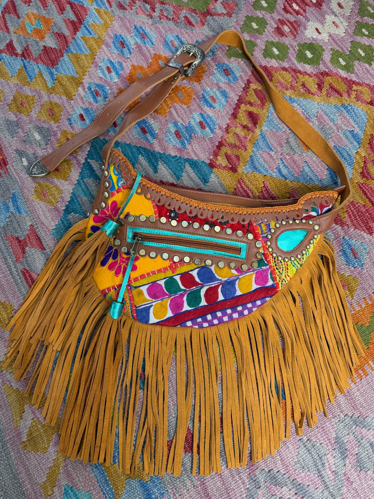 Boho Tan Saddle Fringe Bag -  7