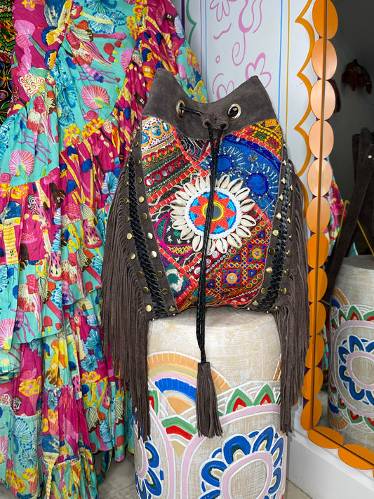 Brown Suede Bucket Tassel Bag