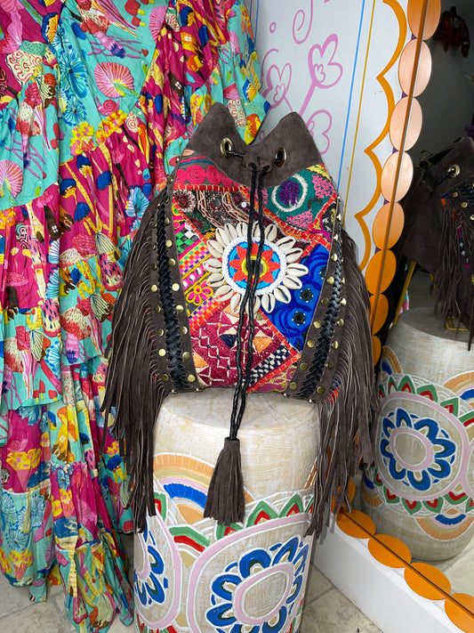 Brown Suede Bucket Tassel Bag - 4