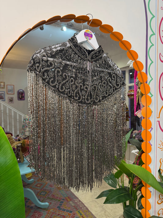 Embellished Tassel Beaded Cape - Dark Silver