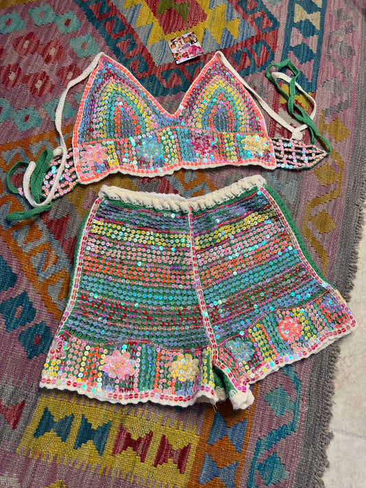Gypsy Soul Embellished Crochet Co ord - Green