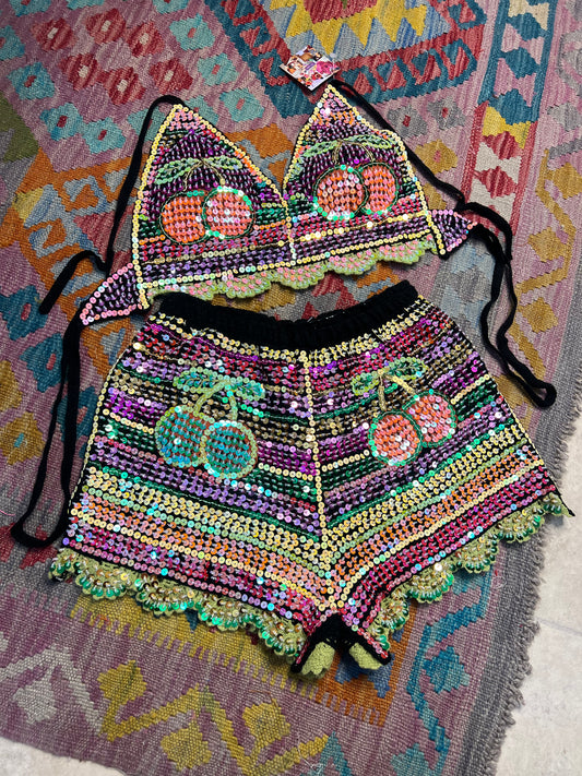 Gypsy Soul Embellished Cherry Crochet Co ord - Black