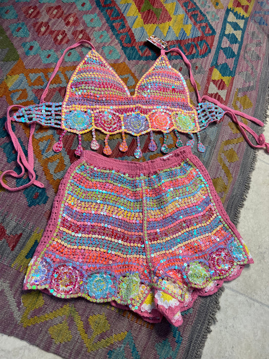 Gypsy Soul Embellished Crochet Co ord - Pink 2